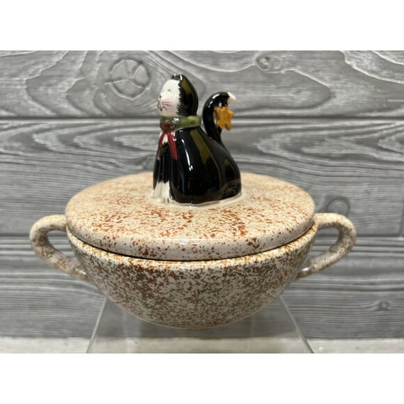 Sakura Oneida Christmas Cats Fiddlestix Covered Double Handle Dish 5.5” X 7.5” - Picture 1 of 7